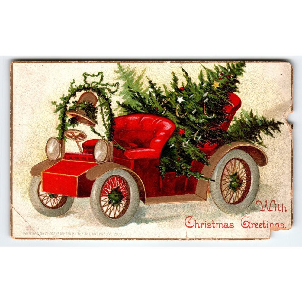 1908 Vintage Christmas Postcard Red Car with Tree & Bell Holiday